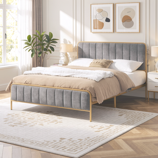 Sunvega Upholstered Queen Bed Frame with Tufted Headboard and Soft Fabric