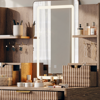 Sunvega 7-Drawer Vanity Desk with LED Mirror Jewelry Storage and PU Stool