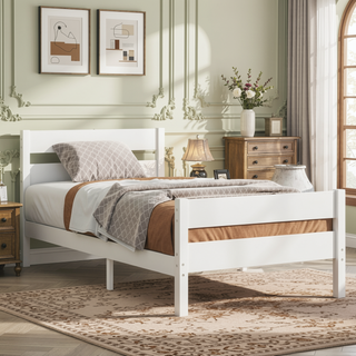 Sunvega Rubber Wood Twin Bed with Headboard and Footboard for Spacious Storage