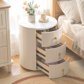 Sunvega Upholstered Round Nightstand with 3 Drawers and Marbling Top
