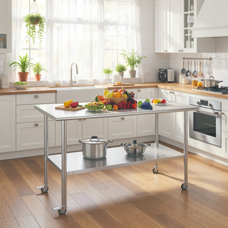 Sunvega NSF Certified Stainless Steel Prep Table with Wheels and Adjustable Undershelf