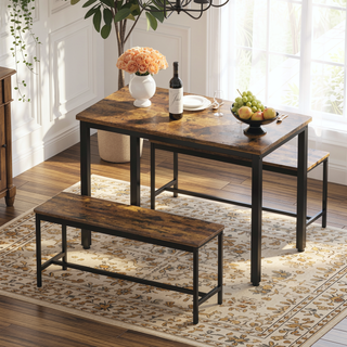 Sunvega Industrial Natural and White Dining Table Set with 2 Benches for Kitchen