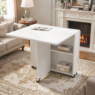 Sunvega White Folding Drop Leaf Dining Table Set with 4 Chairs and Storage