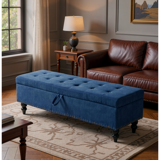 Sunvega Beige Fabric Upholstered Storage Ottoman Bench with Button Tufted Top