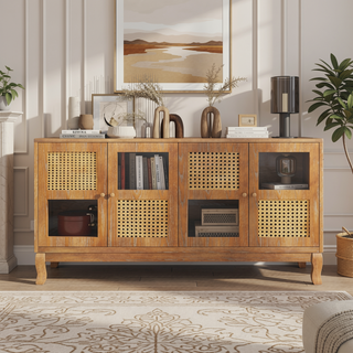 Sunvega Retro 4-Door Sideboard with Rattan and Glass Doors for Large Storage Space