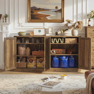 Sunvega 65-Inch Rustic Oak Faux Rattan Sideboard with Four Barn Doors for Living Room