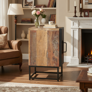 Sunvega Handcrafted Recycled Wood Boho Nightstand with Iron Frame and Storage