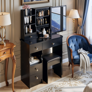 Sunvega Small Size Left Drawer Vanity Table with Cushioned Stool and Sliding Mirror