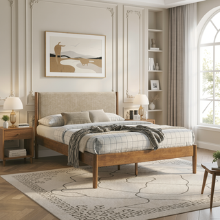 Sunvega 6-Piece Rubberwood Bedroom Set with Queen Bed Dresser Mirror Nightstands Chest