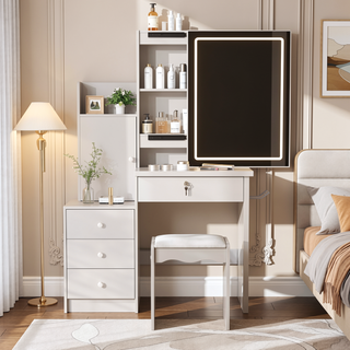 Sunvega 7-Drawer Vanity Desk with LED Mirror Jewelry Storage and PU Stool