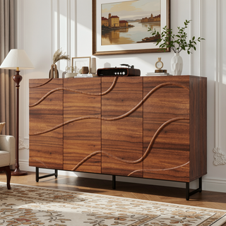 Sunvega Wave Relief Design Wood Sideboard with Iron Legs for Living Room Storage