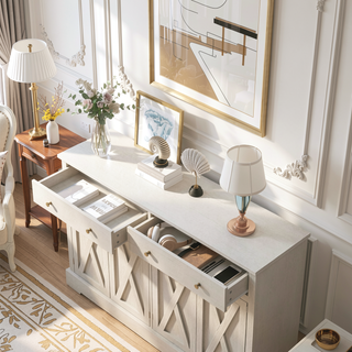 Sunvega Vintage White Sideboard with Two Drawers Four Doors and Adjustable Shelf
