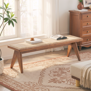 Sunvega Mid-Century Modern Rattan Bench with Natural Finish for Kitchen Dining