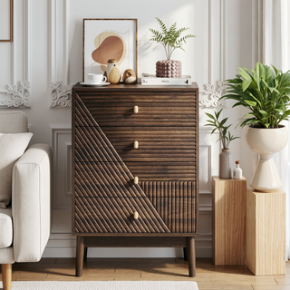 Sunvega Modern Walnut Wooden 4-Drawer Dresser with Metal Knobs for Bedroom