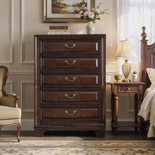 Sunvega Modern Tall Dresser Chest with Five Molded Drawers and Antique Metal Handles