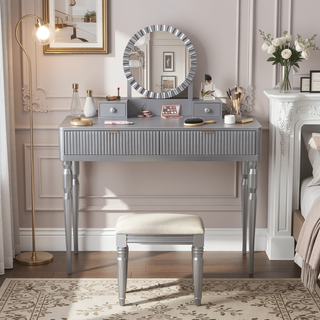 Sunvega Elegant Vanity Desk with Sunflower Mirror Height-Adjustable Dressing Table Set