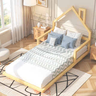 Sunvega Natural Wood Floor Bed with House-Shaped Headboard for Kids Room