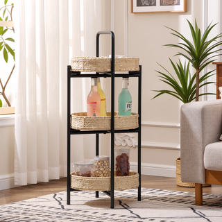 Sunvega 3 Tier Oval Paper Rope Woven Side Table with Detachable Tray Storage Basket