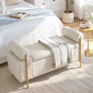 Sunvega Elegant Upholstered Linen Storage Bench with Cylindrical Arms and Iron Legs