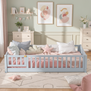 Sunvega Natural Rubber Wood Twin Size Floor Bed with Safety Guardrails and Door