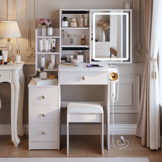 Sunvega Small Size Left Bedside Vanity Table with Cushioned Stool and Touch LED Mirror