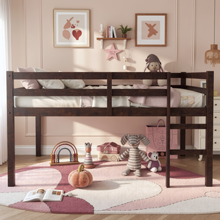 Sunvega Espresso Rubber Wood Low Height Loft Bed with Ladder for Bedroom
