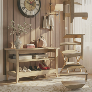 Sunvega Light Oak Storage Bench with Two Open Shelves for Entryway Organization