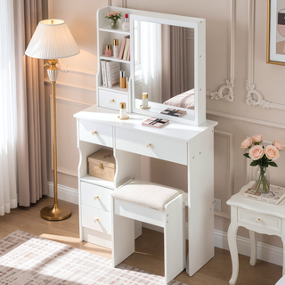 Sunvega Small Space Dressing Table with Cushioned Stool and Extra Large Sliding Mirror