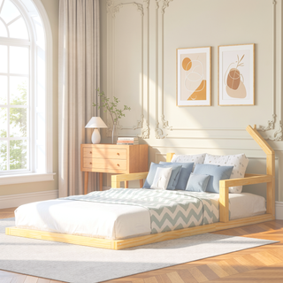 Sunvega Natural Wood Floor Bed with House-Shaped Headboard for Kids Room