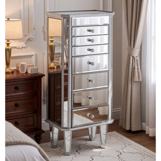 Sunvega Hollywood Inspired Mirrored Jewelry Armoire with Faux Crystal Knobs