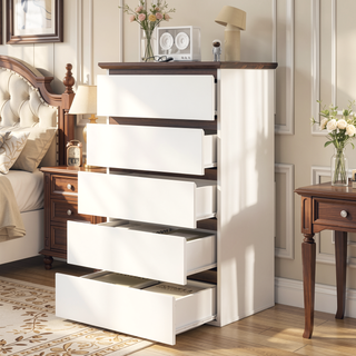 Sunvega Modern 5 Drawer Dresser with White & Walnut Finish for Bedroom
