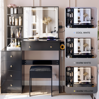 Sunvega 37 Inch Left Bedside Vanity Table with Cushioned Stool and Sliding Mirror
