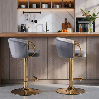 Sunvega Set of 2 Adjustable Swivel Bar Stools with Chrome Footrest and Velvet Upholstery