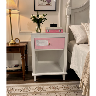 Sunvega White and Golden Kids Wooden Nightstand with One Drawer and Shelf