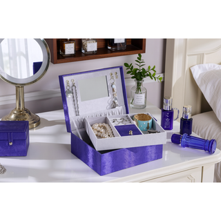 Sunvega Azure Blue Leatherette Jewelry Case with Mirror and Hidden Storage Compartments
