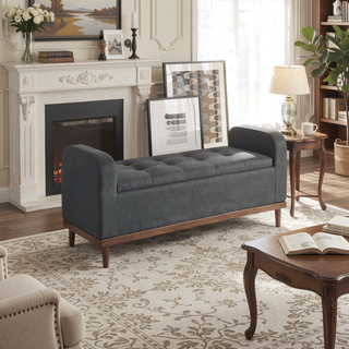 Sunvega Solid Wood Walnut Finish Tufted Dark Gray Upholstered Storage Bench with Lift Top