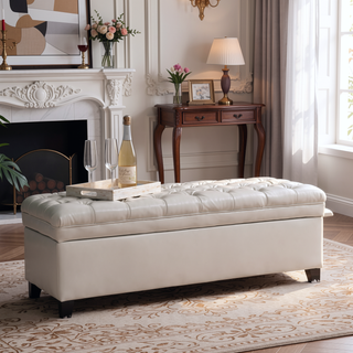 Sunvega Blue Fabric Storage Ottoman with Birch Legs for Living Room Seating