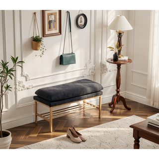 Sunvega Linen Upholstered Storage Bench with Shelf and Metal Legs for Bedroom Entryway