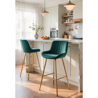 Sunvega 30 inch Set of 2 Blue Velvet Bar Stools with Chrome Footrest and Golden Legs