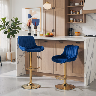 Sunvega Adjustable Velvet Swivel Bar Stool with Chrome Base and Golden Legs, Set of 2