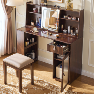 Sunvega Walnut Makeup Vanity Desk with Adjustable Lighted Mirror and Ample Storage