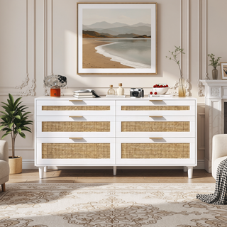 Sunvega 6 Drawer Rattan Dresser with Metal Handle and Wood Legs for Bedroom Storage