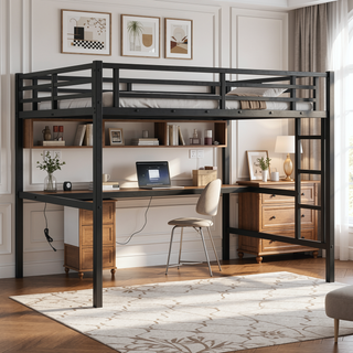 Sunvega Metal Twin XL Loft Bed with Desk, USB, LED Light, and Power Outlet