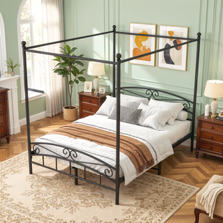 Sunvega Sturdy Queen Metal Canopy Bed Frame with Vintage Headboard and Footboard