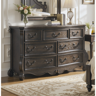Sunvega Dark Brown Dresser with Antique Finish and Seven French Dovetail Drawers