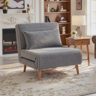 Sunvega Modern Velvet 3-Position Adjustable Sleeper Chair with Piping Design Converts to Bed