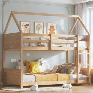 Sunvega Twin Over Twin House Floor Bunk Bed with Headboards Footboards Guardrails and Ladder