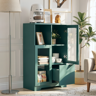 Sunvega Green MDF Cabinet with Glass Doors and Drawer for Bedroom Living Room