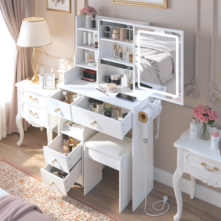 Sunvega Small Left Drawer Vanity Table with Stool Tri-Color LED Mirror Power Station