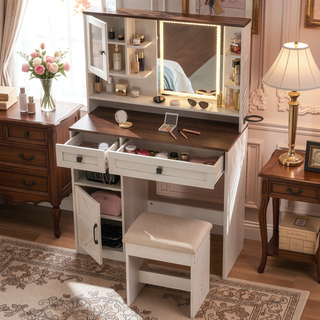 Sunvega Farmhouse Makeup Vanity Desk with Mirror Lights and Charging Station